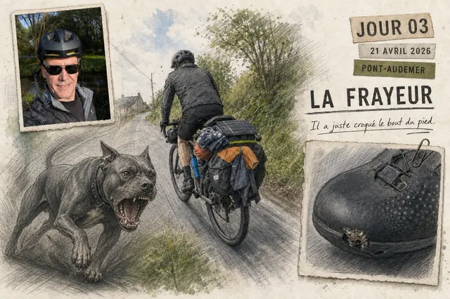 Planche narrative — Pont-Audemer, incident et reprise de la route