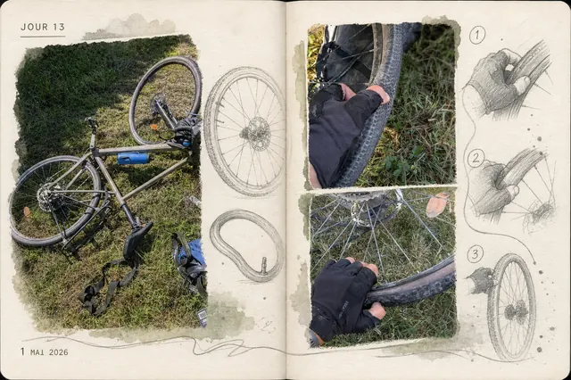 Planche narrative — réparation de la roue